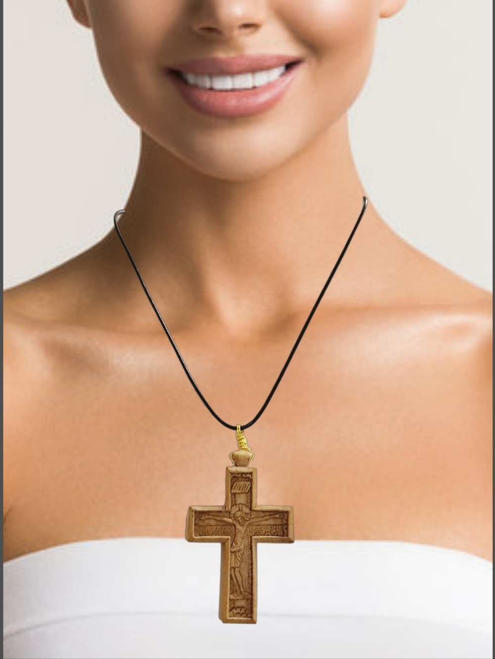 Double Sided Handcarved Wooden Cross Pendant with Black Cord Necklace. NWOT